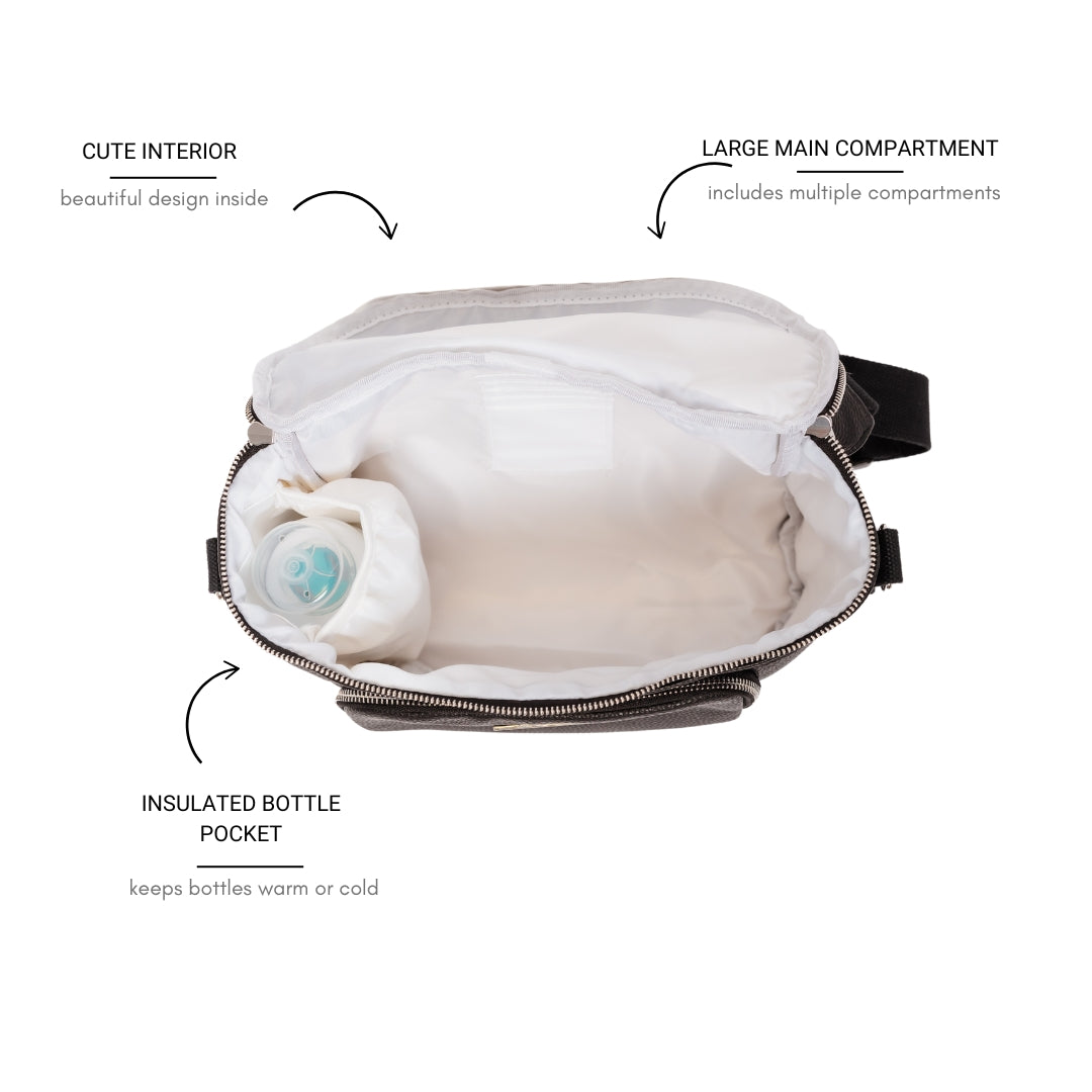 Bellaboo Crossbody Baby Sling Caddy Bag Onyx White Interior And Insulated Bottle Pocket