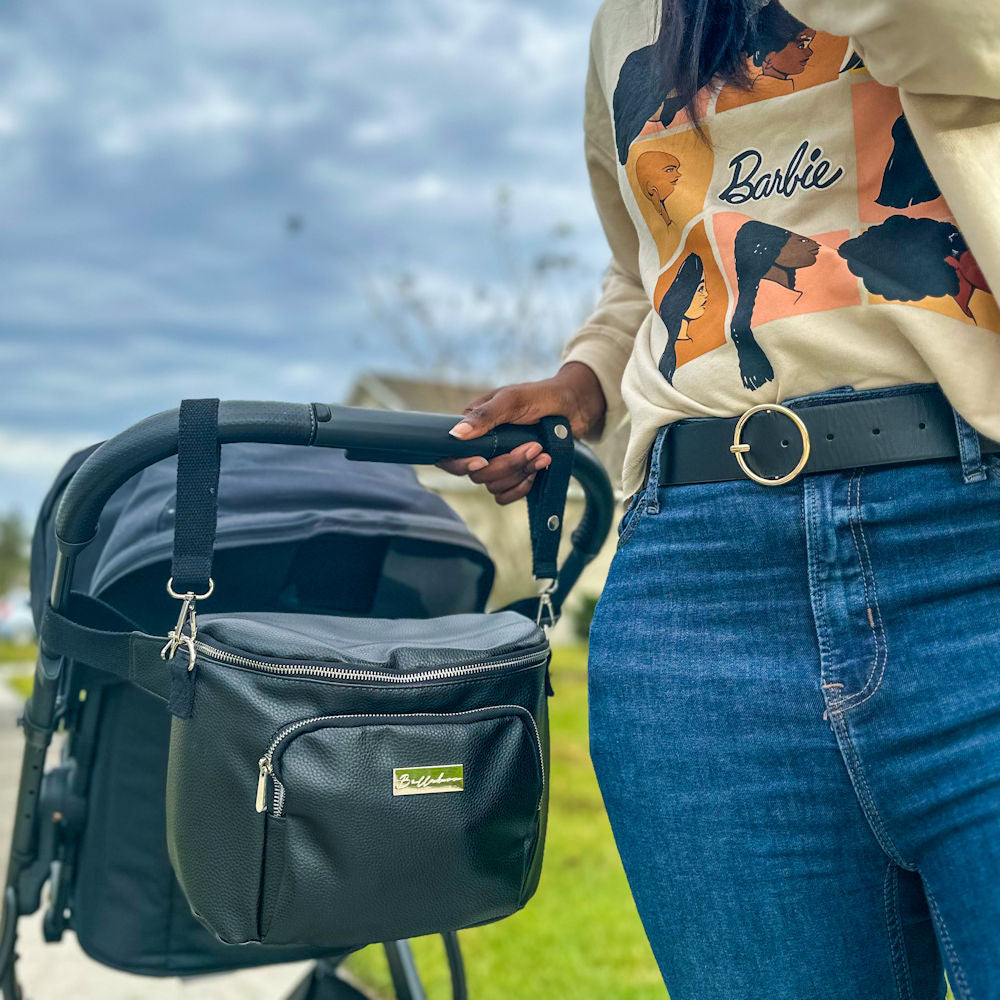 Bellaboo Crossbody Baby Sling Caddy Bag Onyx On The Stroller