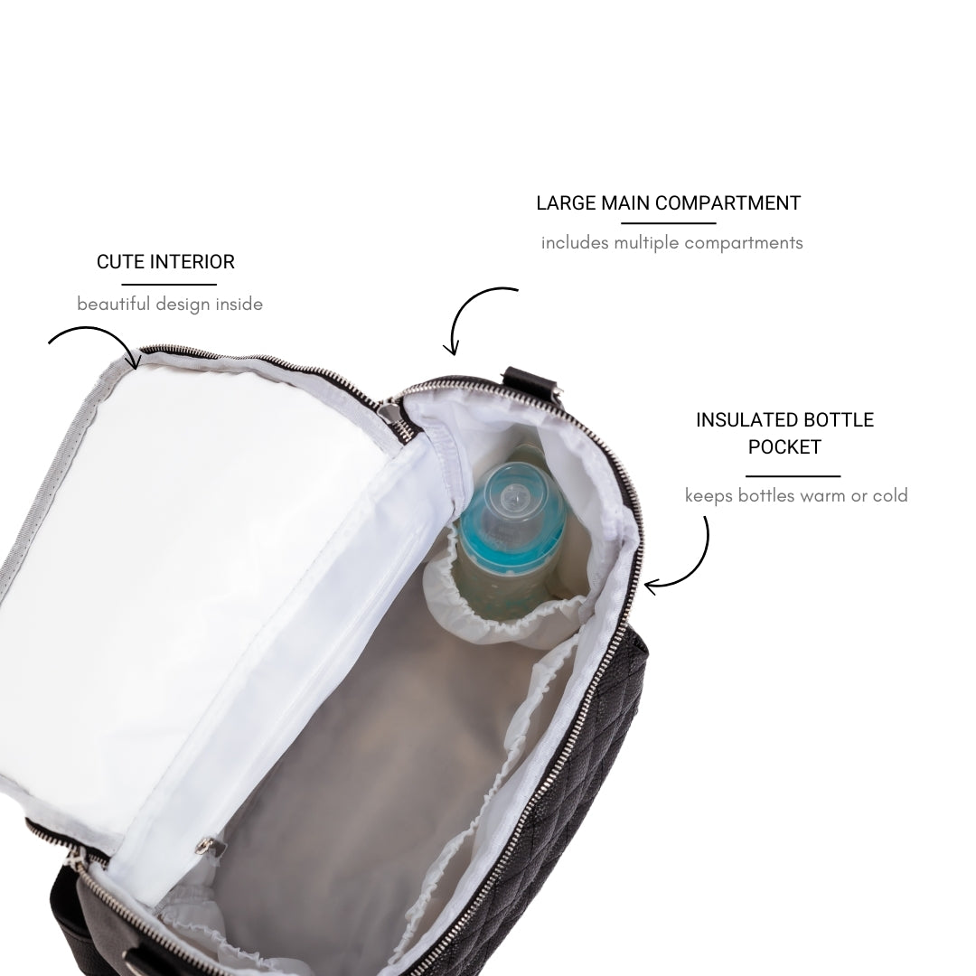 Bellaboo Mabel Baby Changing Bag Onyx Black Plain White Interior And Insulated Bottle Pocket